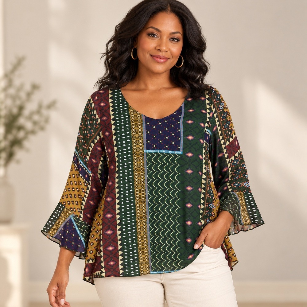 Belle France Blouse Women Size M Green Patchwork Print V-Neck Bell Sleeve Italy